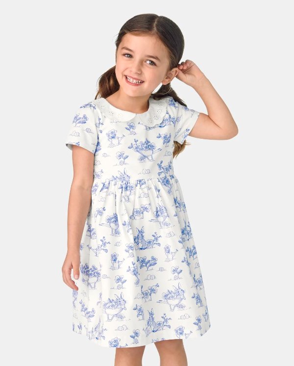 Girls Short Sleeve Bunny Print Poplin Woven Peter Pan Dress - Blue Belle | Gymboree - SIMPLYWHT