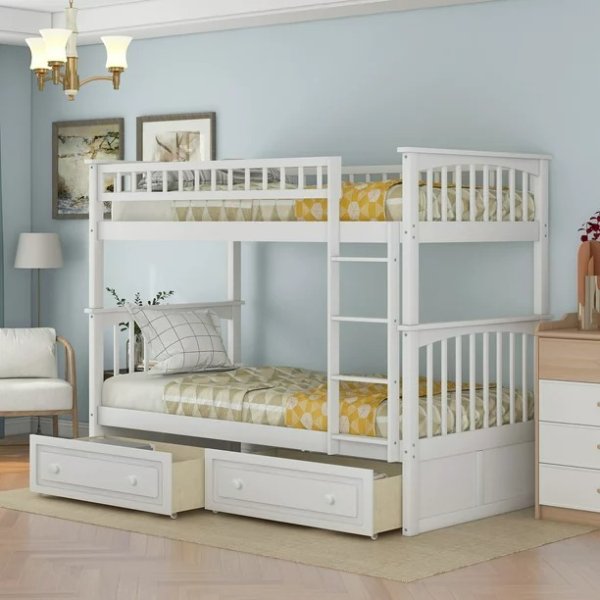 Euroco Twin Wood Bunk Bed with Drawers for Kids' Bedroom, White