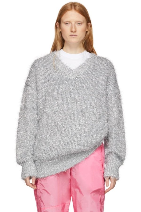 Silver Lurex V-Neck Sweater