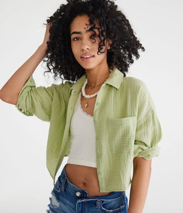 Long Sleeve Oversized Cropped Button-Down Shirt