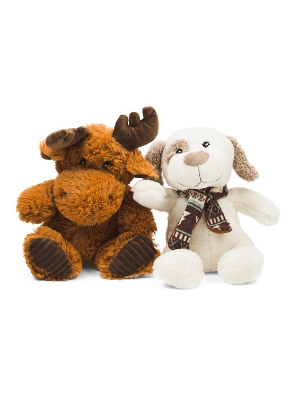 Set Of 2 Dog With Scarf &amp; Moose Squeaker Toys