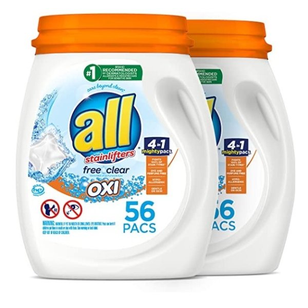 Mighty Pacs Laundry Detergent with OXI Stain Removers and Whiteners, Free Clear, 56 Count, Pack of 2, 112 Total Loads