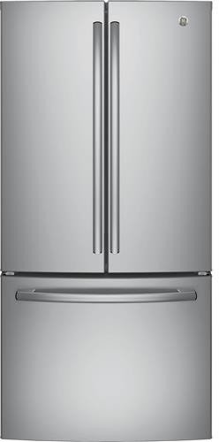 GWE19JSLSS 33 Inch Counter Depth French Door Refrirator with 18.6 cu. ft. Capacity, Internal Water Dispenser, Icemaker with Filtration, LED Lighting, Humidity Controlled Drawers, Turbo Cool Setting, and ENERGY STAR® Qualified: Stainless Steel