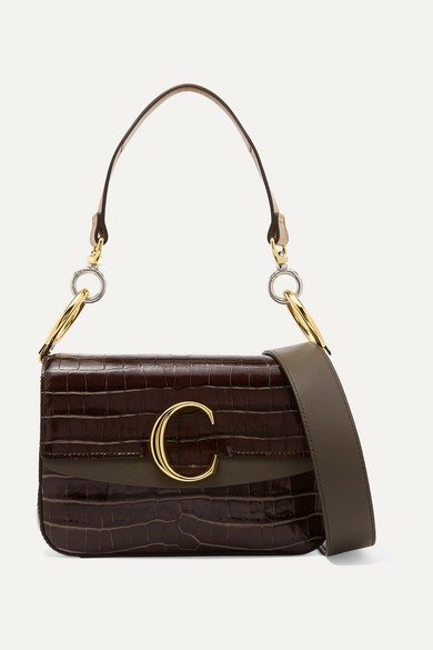C small leather-trimmed croc-effect shoulder bag