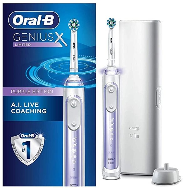 -B Genius X Limited, Rechargeable Electric Toothbrush with Artificial Intelligence, 1 Replacement Brush Head, 1 Travel Case, Orchid Purple