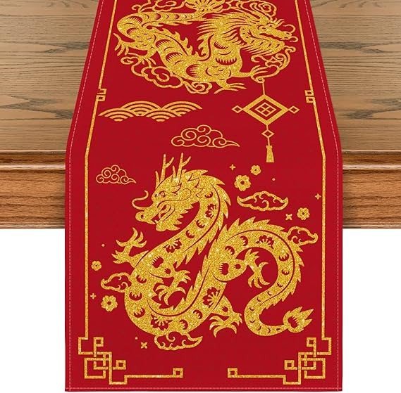 Artoid Mode Chinese Zodiac Dragon 2024 Happy New Year Table Runner, Spring Festival Winter Kitchen Dining Table Decoration for Home Party 13x72 Inch