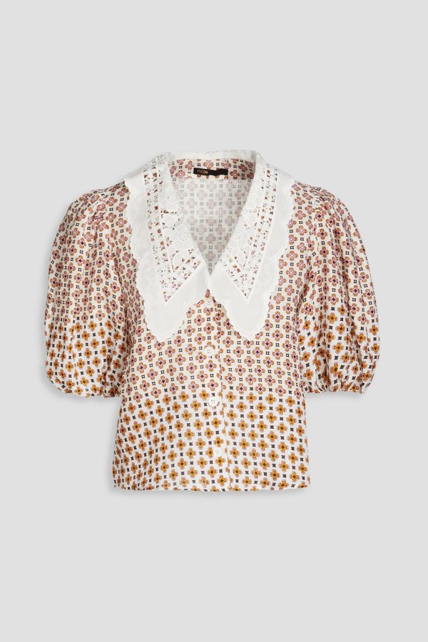 Cosange guipure lace-trimmed printed linen blouse