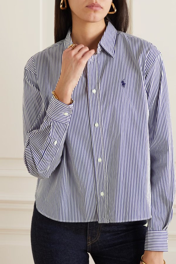 Embroidered striped cotton-poplin shirt