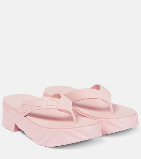Gucci logo 橡胶厚底夹脚拖鞋 粉色