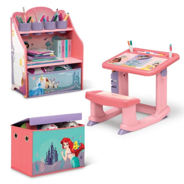 Princess 3-Piece Art & Play Toddler Room-in-a-Box by Delta Children – Includes Draw & Play Desk, Art & Storage Station & Fabric Toy Box, Pink