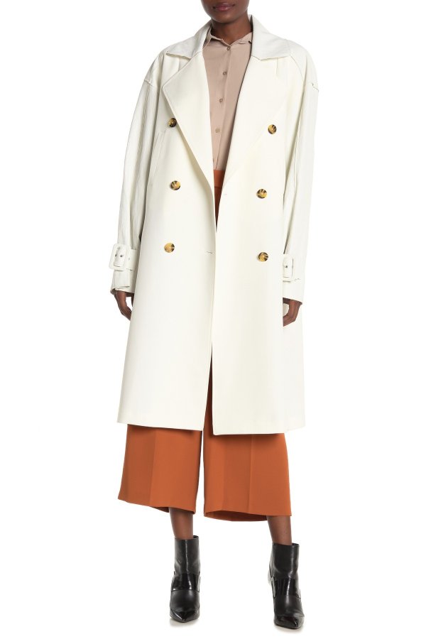 Faux Leather Sleeved Trench Coat
