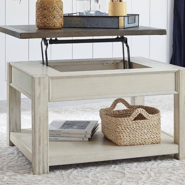  Bolanburg Farmhouse Lift Top Coffee Table with Floor Shelf, Weathered Brown & White