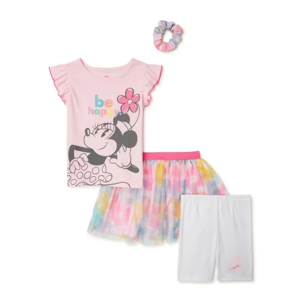 Minnie Mouse Baby & Toddler Girls’ Flutter Sleeve Top, Skirt, Biker Shorts & Scrunchie, 4-Piece Outfit Set, Sizes 12M-5T