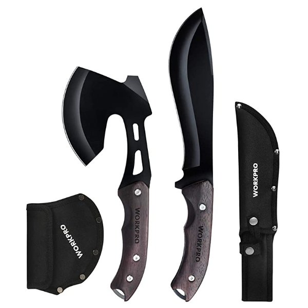 Axe and Fixed Blade Knife Combo Set, Full Tang, Wood Handle, for Outdoor Camping Survival Hunting, Nylon Sheath Included