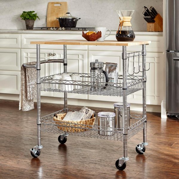 Gatefield Chrome Kitchen Cart with Natural Wood Top
