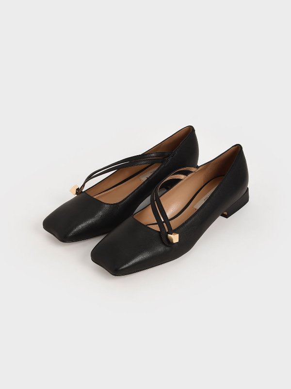 Black Leather Asymmetric Strap Ballerina Flats | CHARLES &amp; KEITH