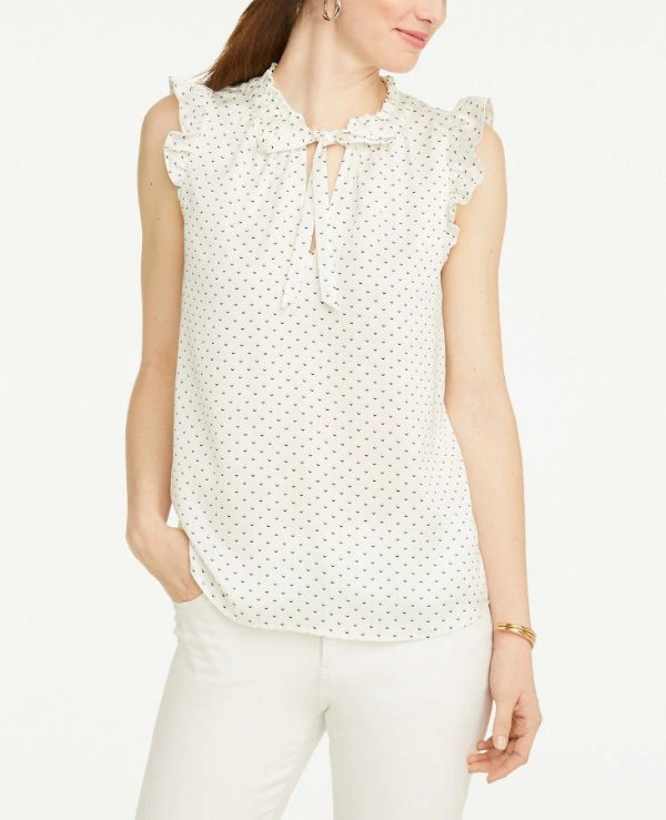 Dotted Ruffle Tie Neck Blouse