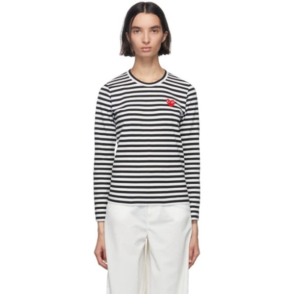 Black & White Long Sleeve Striped Heart T-Shirt