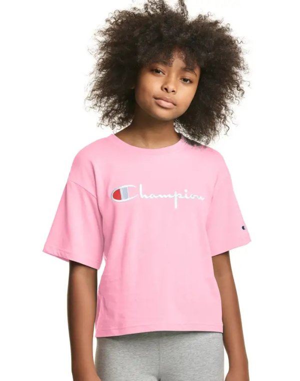Big Girls' Cropped Boxy Tee, Embroidered Logo