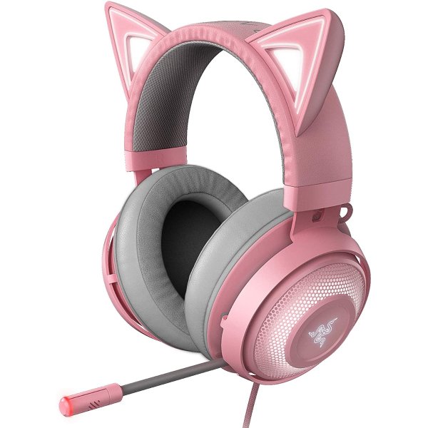 Kraken Kitty RGB USB Gaming Headset: THX 7.1 Spatial Surround Sound - Chroma RGB Lighting - Retractable Active Noise Cancelling Mic - Lightweight Aluminum Frame - For PC - Quartz Pink