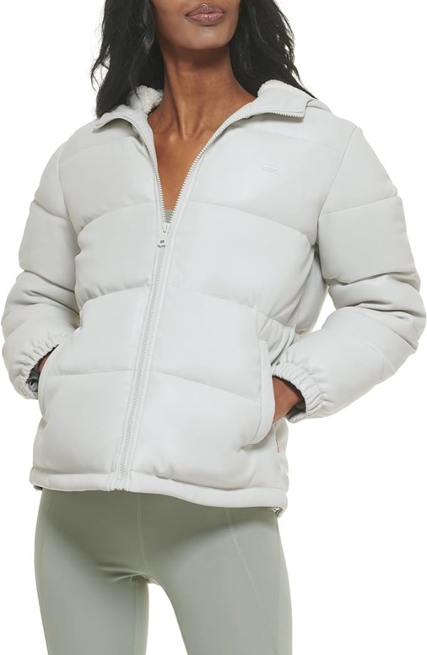 Women's Vegan Leather Quilted Hooded Puffer