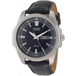 Citizen Mens BM8490-06H Eco-Drive Black Dial Leather Band WR100 Day Date Watch