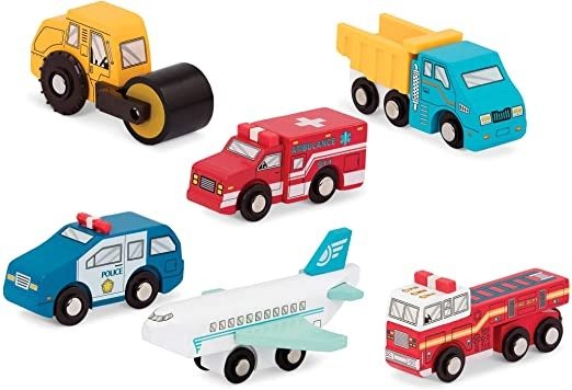 - Wooden Vehicles – Miniature Wooden Toy Cars & Trucks Including Toy Airplane, Steamroller, & Police Car for Toddlers 3-Years-Old & Up (6-Pcs)