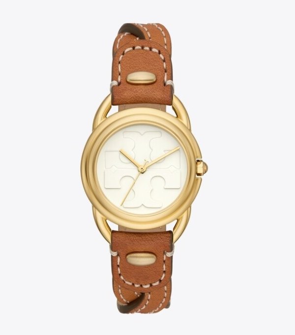 MILLER WATCH, LUGGAGE LEATHER/GOLD-TONE STAINLESS STEEL