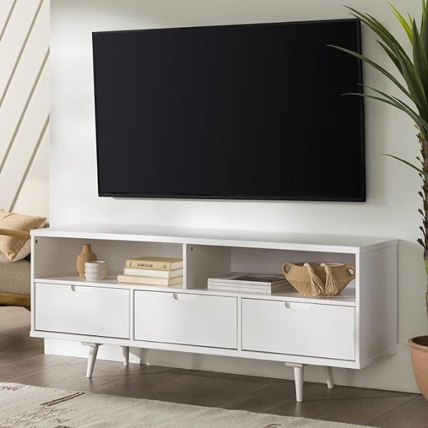 Millie Mid Century Modern 3 Drawer Solid Wood Low Stand for TVs up to 65 Inches, 58 Inch, White