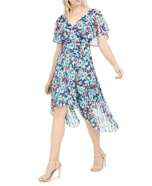 Flutter-Sleeve Floral Pleated Midi Dress