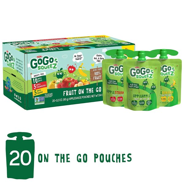 GoGo squeeZ Applesauce, Variety Pack (Apple Apple/Apple Strawberry/Apple Banana), 3.2 Ounce (20 Pouches)