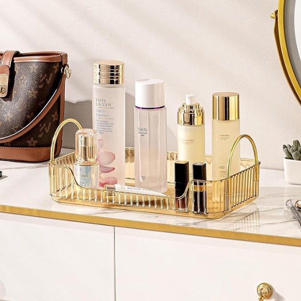 Bathroom Counter Organizer Countertop Shelf, Skincare Organizer Perfume Holder for Dresser, Bathroom Countertop Tray for Cosmetic, Skin Care, Lipstick (1 Tier, Gold)