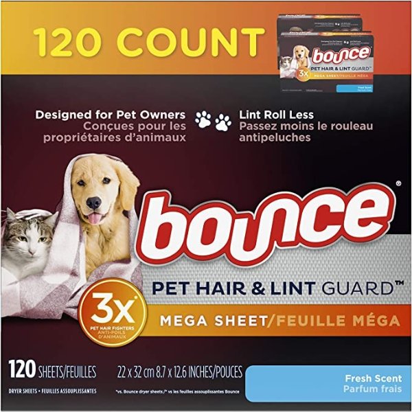 Pet Hair and Lint Guard Mega Dryer Sheets with 3X Pet Hair Fighters, Fresh Scent, 120 Count