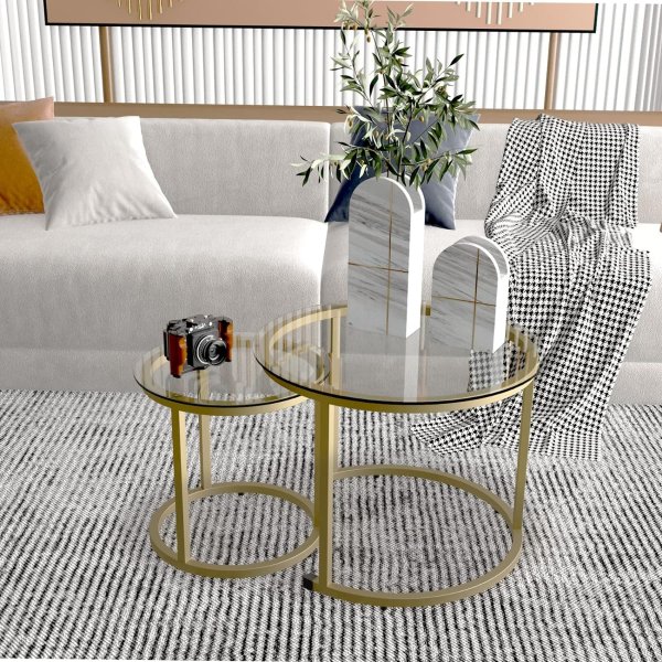 Gold Nesting Coffee Table Set of 2, Small Glass Nesting Tables for Living Room Bedroom, Accent Tea Table with Metal Frame Modern Industrial Simple