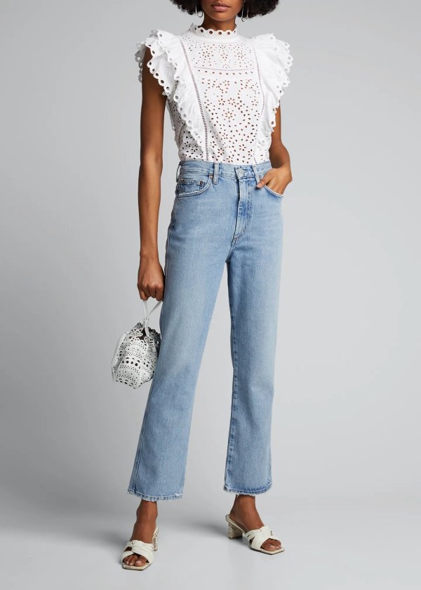 Pinched-Waist Cropped Straight Jeans