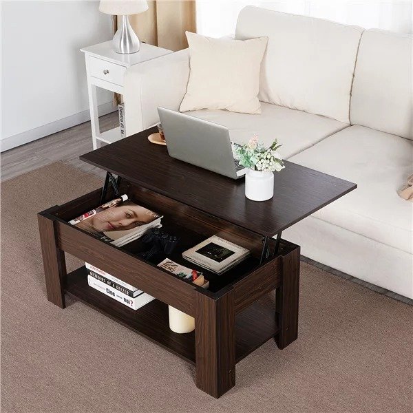 Modern 38.6" Rectangle Wooden Lift Top Coffee Table with Lower Shelf, Multiple Colors and Sizes