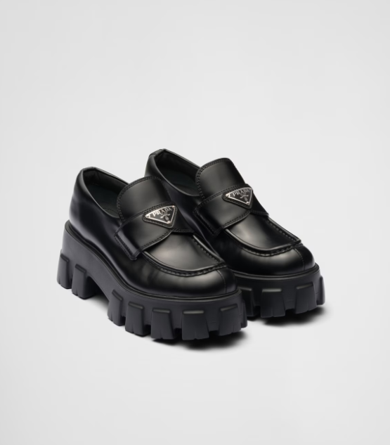 Black Brushed Leather Monolith Loafers | PRADA