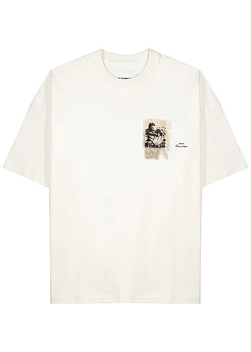 Cream appliqued cotton T-shirt