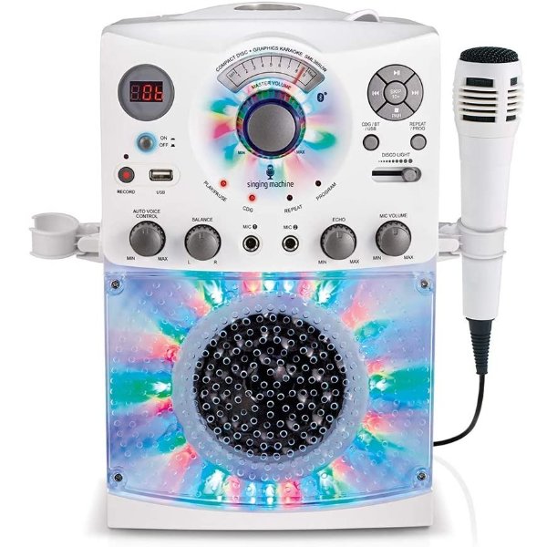 SML385UW Bluetooth Karaoke System with LED Disco Lights, CD+G, USB, and Microphone, White