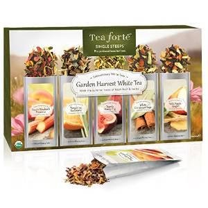 Tea Forte GARDEN HARVEST WHITE Single Steeps Organic White Tea Loose Leaf Tea Sampler, 15 Single Serve Pouches, Fresh Fruit and Herb Flavors