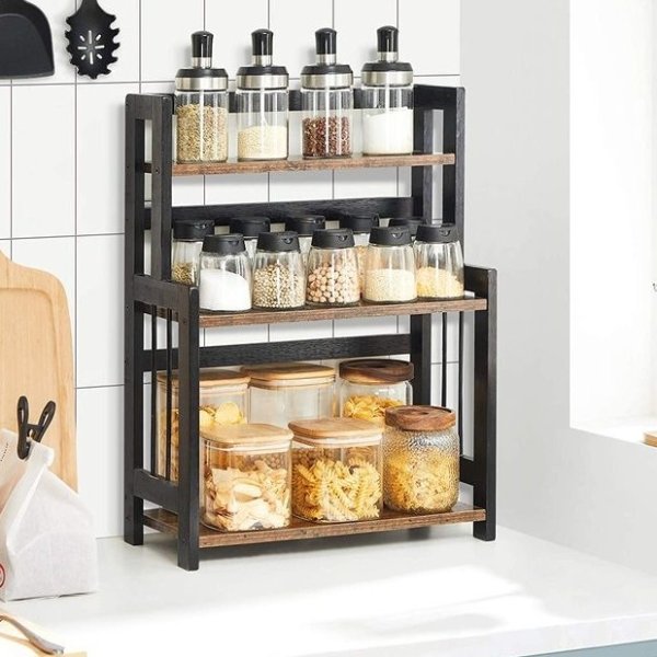 Brown & Black 3-Tier Spice Rack with Bamboo Frame