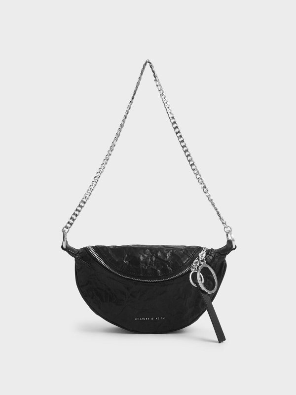 Black Wrinkled Effect Ring Zip Tassel Crossbody Bag