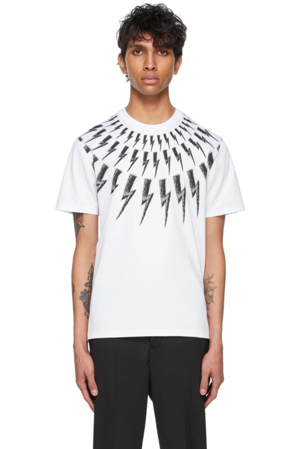 White & Black Scribble Fair-Isle Thunderbolt T-Shirt