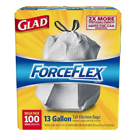 ForceFlex Drawstring Trash Bags, 13 Gallons, White, Box Of 100 Bags