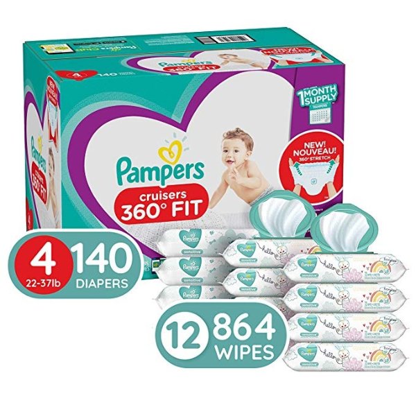 Diapers Size 4, 140 Count and Baby Wipes - Pampers Pull On Cruisers 360° Fit Disposable Baby Diapers with Stretchy Waistband, ONE Month Supply with Pampers Sensitive Water Baby Wipes, 864 Count