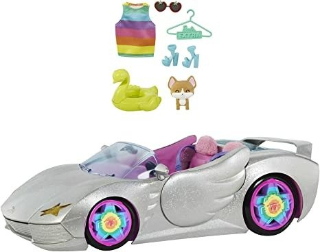 Extra Vehicle, Sparkly Silver 2-Seater Car with Rolling Wheels, Pink Interior, Puppy & Pet Pool, 1 Top & 2 Pairs of Shoes, Gift for Kids 3 Years Old & Up
