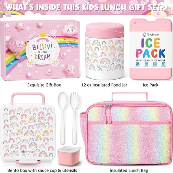 Kids Bento Snack Lunch Box with 4 Compartment, Insulated lunch Bag, Stainless Steel Vacuum Thermos Food Jar, Ice Pack, Utensils Set, Birthday Gift for Age 3-12 Back to School Toddler Girl Boy