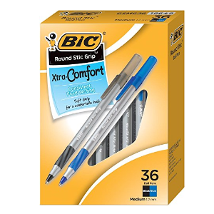 BIC Round Stic Grip Xtra Comfort Ball Pen, Medium Point (1.2 mm), Black and Blue Ink, 36-Count