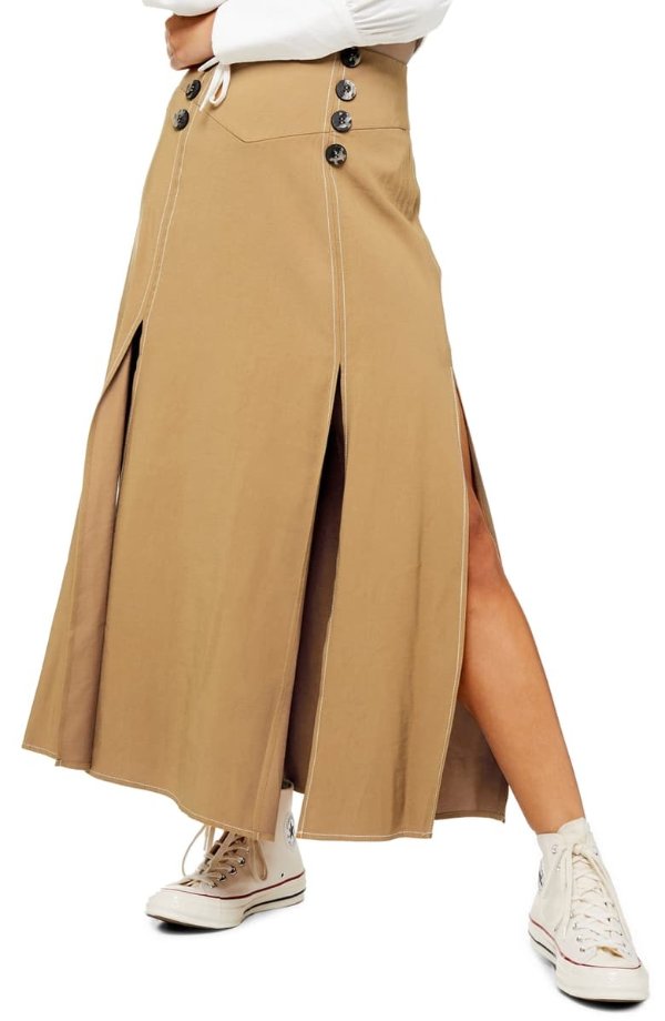 Splice Button Front Midi Skirt