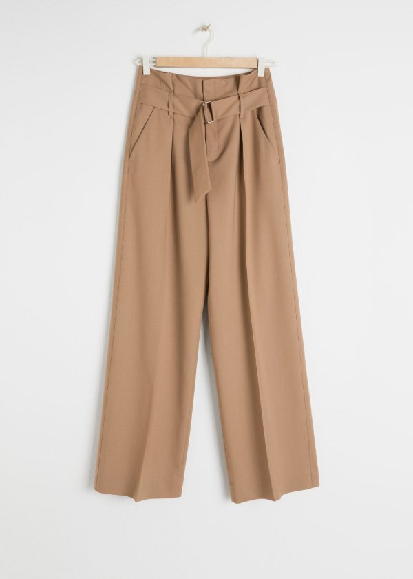 Wool Blend Belted Trousers - Camel - Wide Trousers - & Other Stories